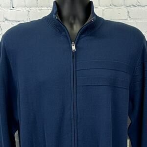 DKNY Full Zip Mock Neck Sweater Long Sleeve Cotton Navy Blue Mens L Large
